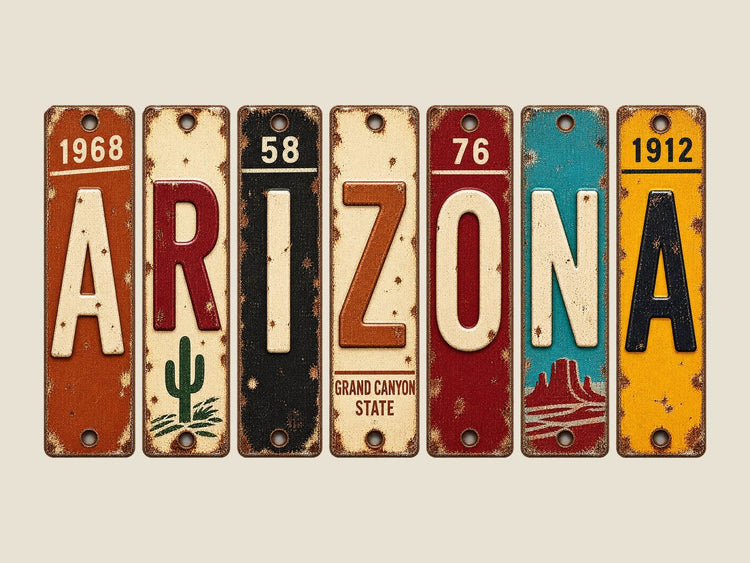 Arizona spelled out in vintage license plates