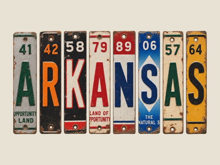 Arkansas spelled out in vintage license plates