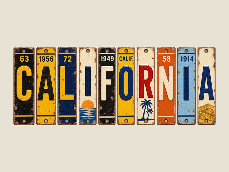 California spelled out in vintage license plates