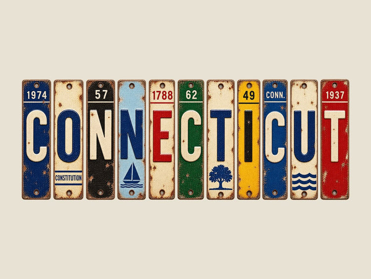 Connecticut spelled out in vintage license plates
