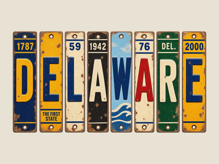 Delaware spelled out in vintage license plates