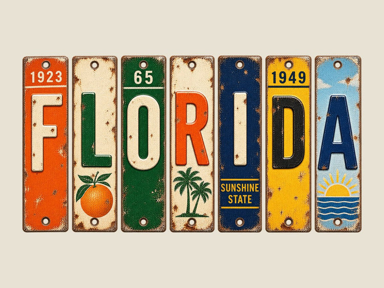 Florida spelled out in vintage license plates