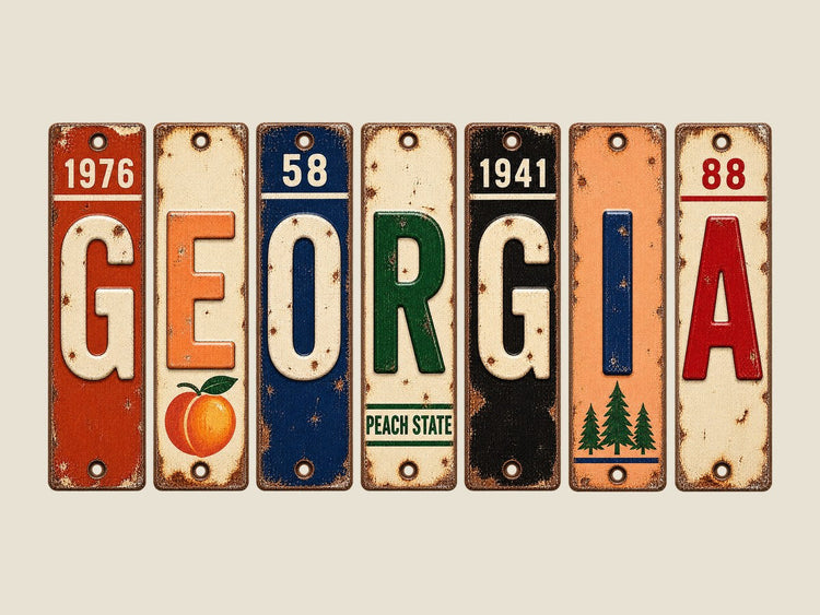 Georgia spelled out in vintage license plates