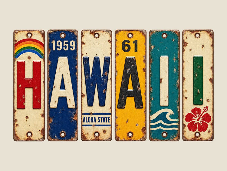 Hawaii spelled out in vintage license plates