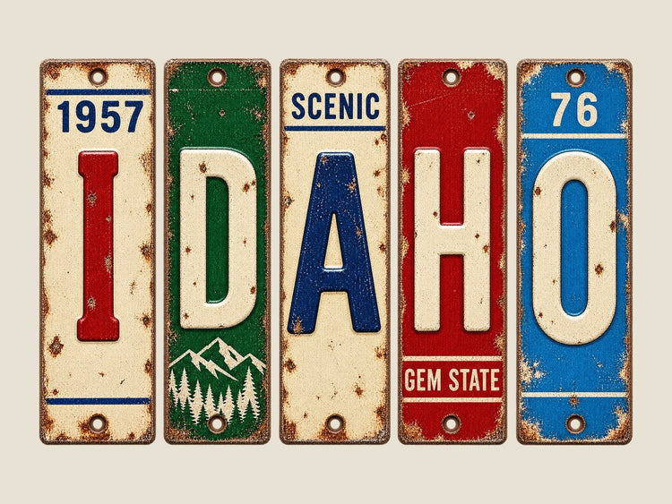 Idaho spelled out in vintage license plates