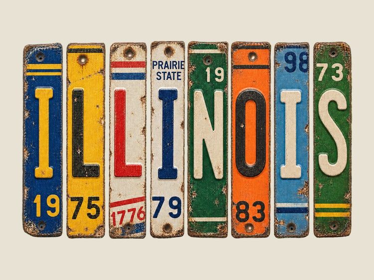 Illinois spelled out in vintage license plates