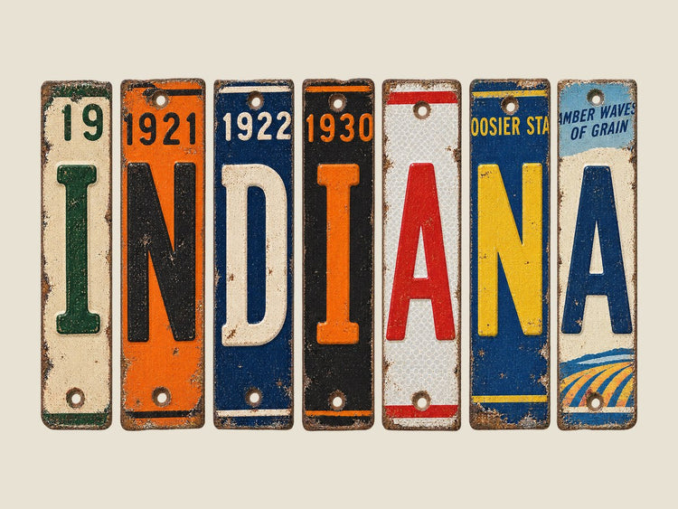 Indiana spelled out in vintage license plates