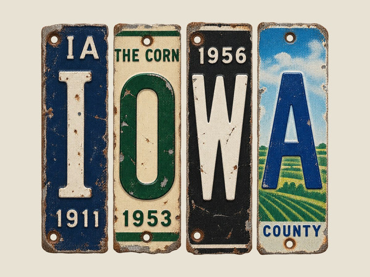 Iowa spelled out in vintage license plates