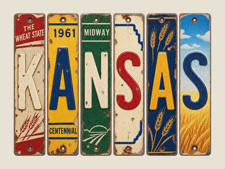 Kansas spelled out in vintage license plates