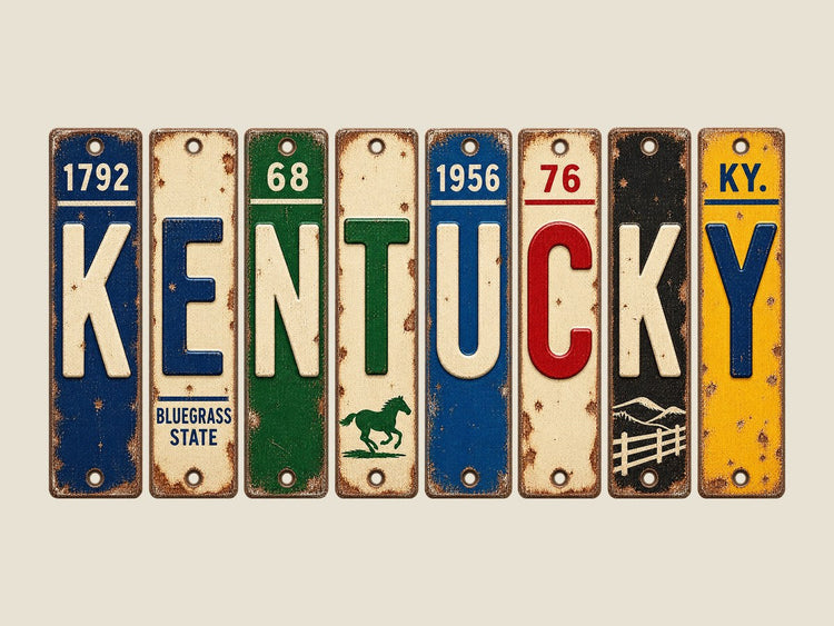 Kentucky spelled out in vintage license plates