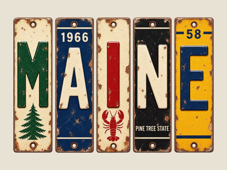 Maine spelled out in vintage license plates