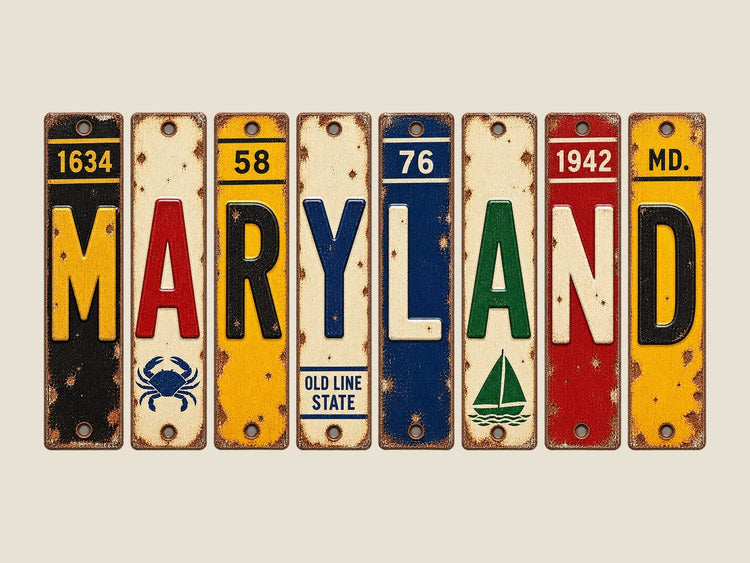 Maryland spelled out in vintage license plates