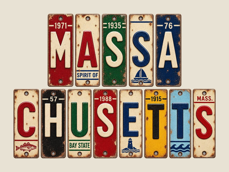 Massachusetts spelled out in vintage license plates