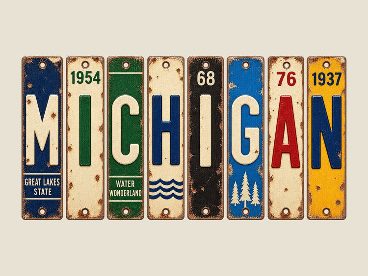 Michigan spelled out in vintage license plates