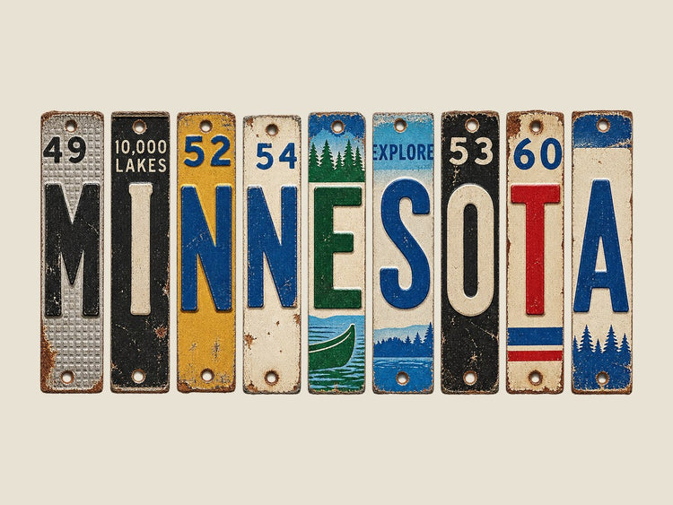 Minnesota spelled out in vintage license plates