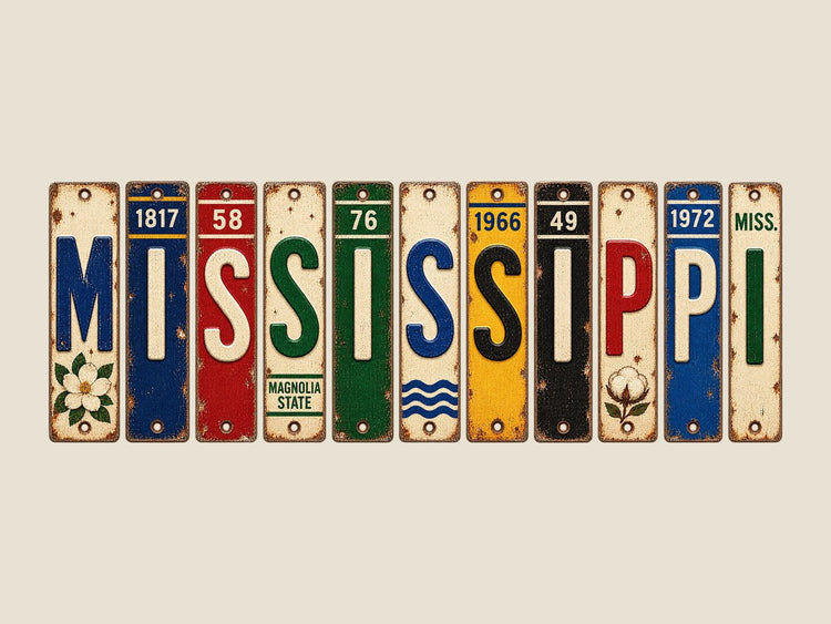 Mississippi spelled out in vintage license plates