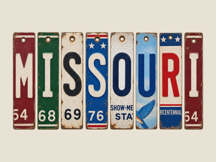 Missouri spelled out in vintage license plates