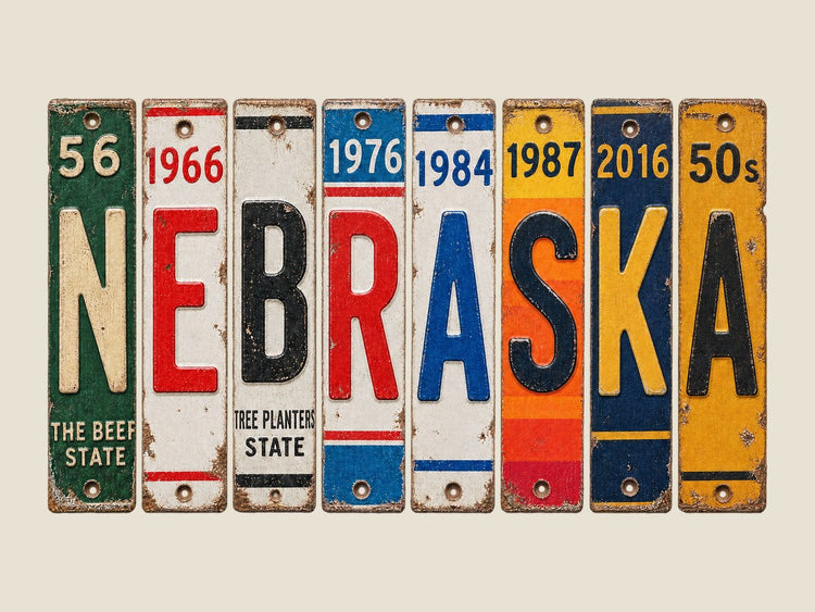 Nebraska spelled out in vintage license plates