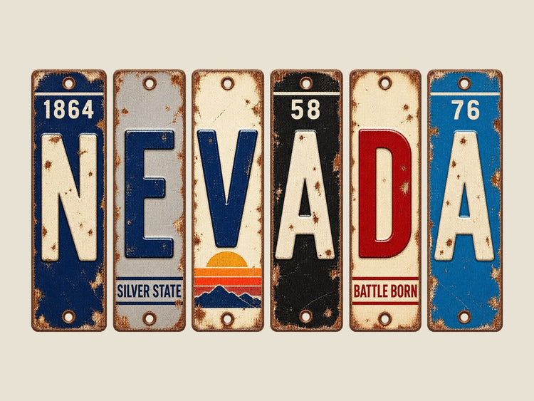 Nevada spelled out in vintage license plates