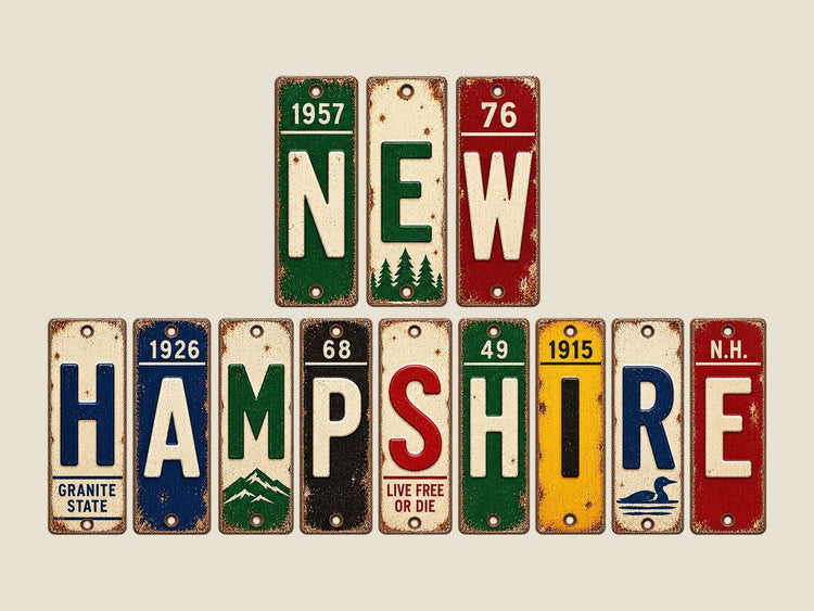 New Hampshire spelled out in vintage license plates