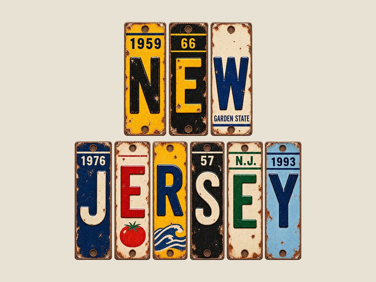 New Jersey spelled out in vintage license plates