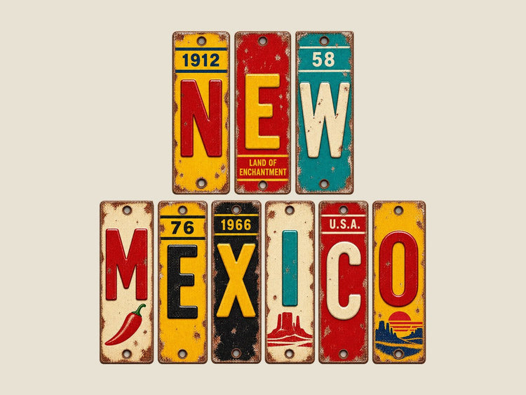 New Mexico spelled out in vintage license plates