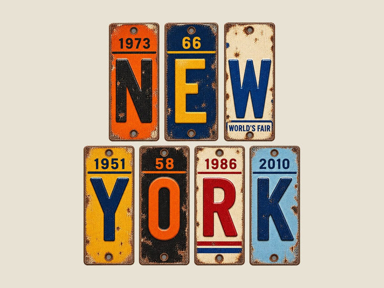 New York spelled out in vintage license plates