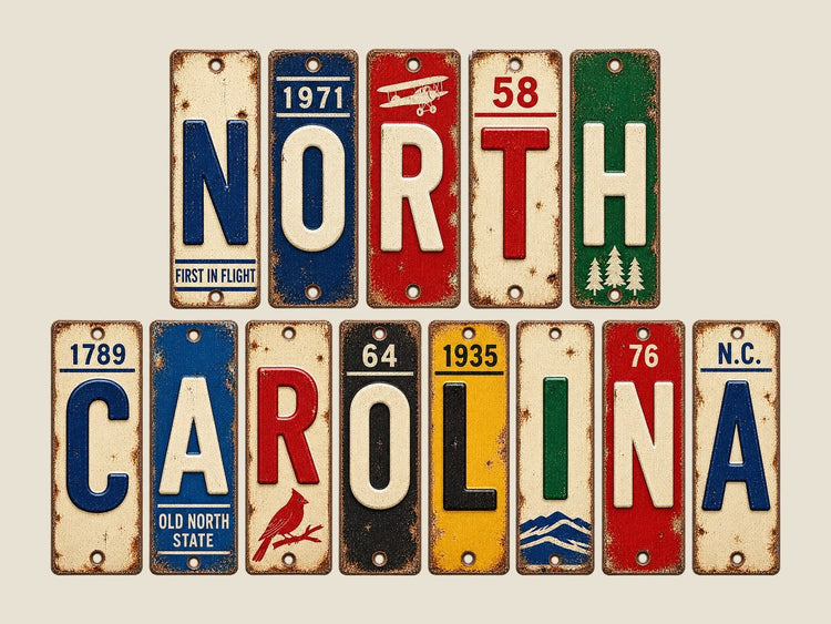North Carolina spelled out in vintage license plates
