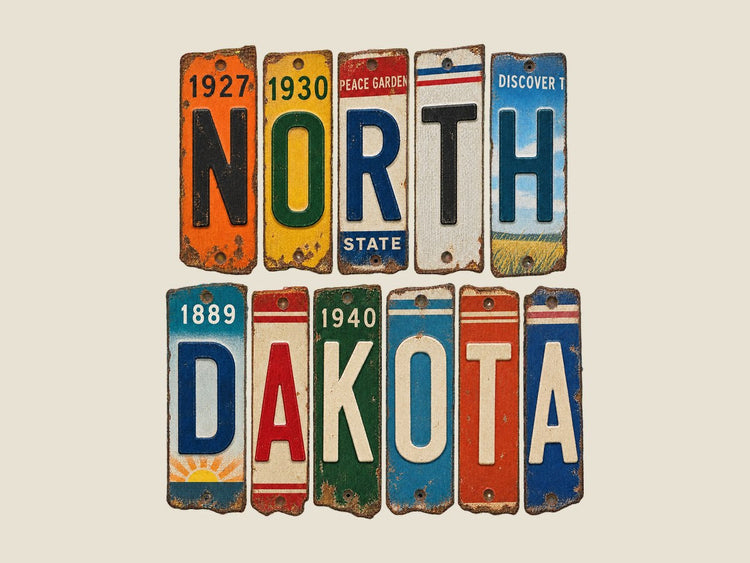North Dakota spelled out in vintage license plates