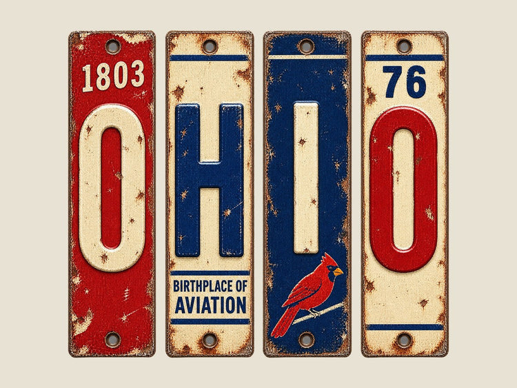 Ohio spelled out in vintage license plates