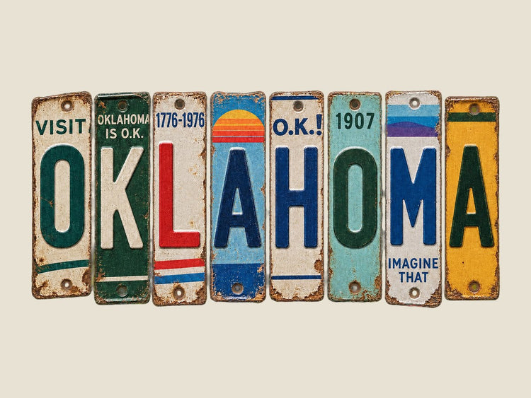 Oklahoma spelled out in vintage license plates