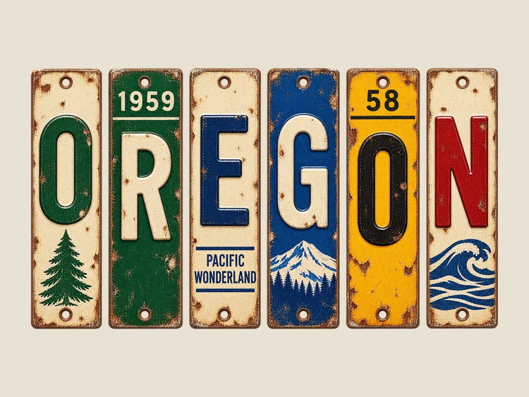 Oregon spelled out in vintage license plates