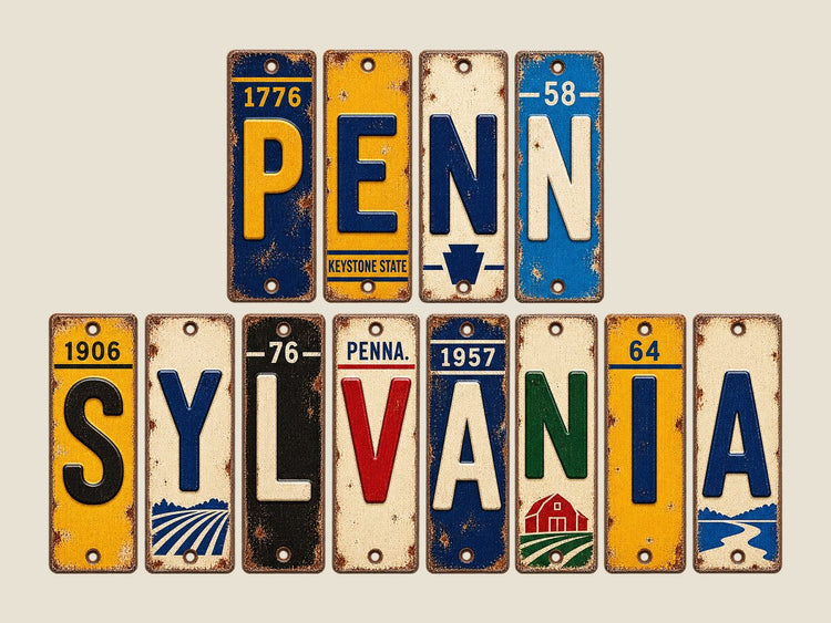 Pennsylvania spelled out in vintage license plates