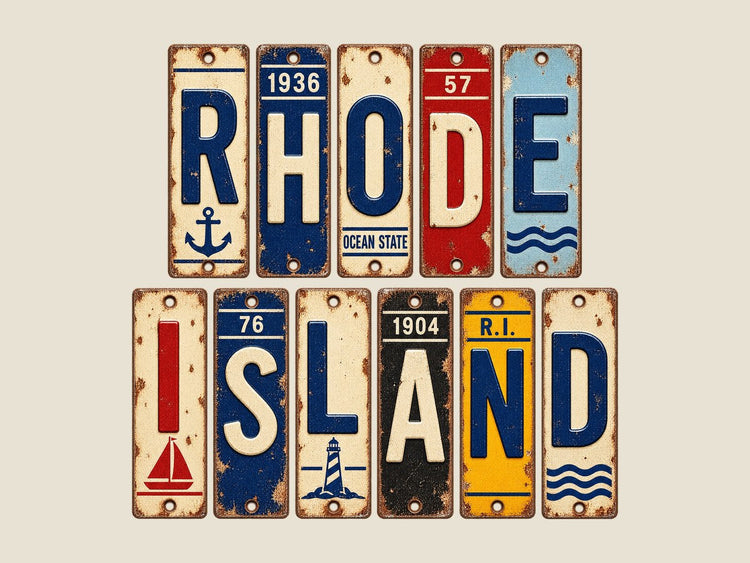 Rhode Island spelled out in vintage license plates