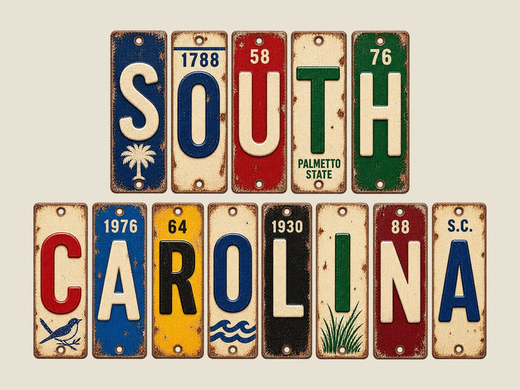 South Carolina spelled out in vintage license plates