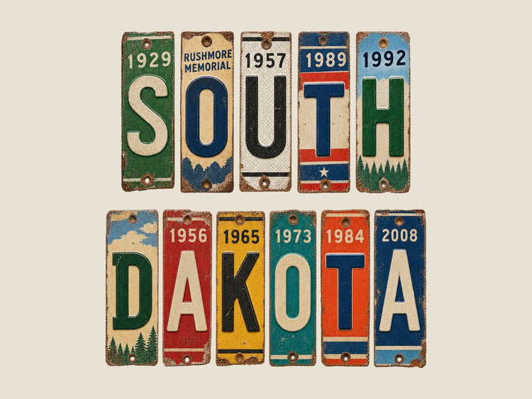 South Dakota spelled out in vintage license plates