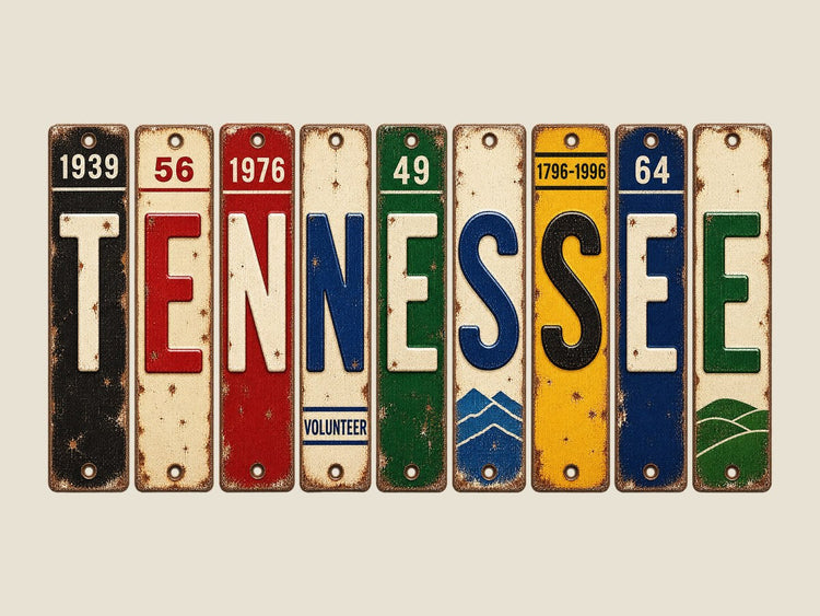 Tennessee spelled out in vintage license plates