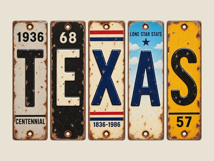 Texas spelled out in vintage license plates