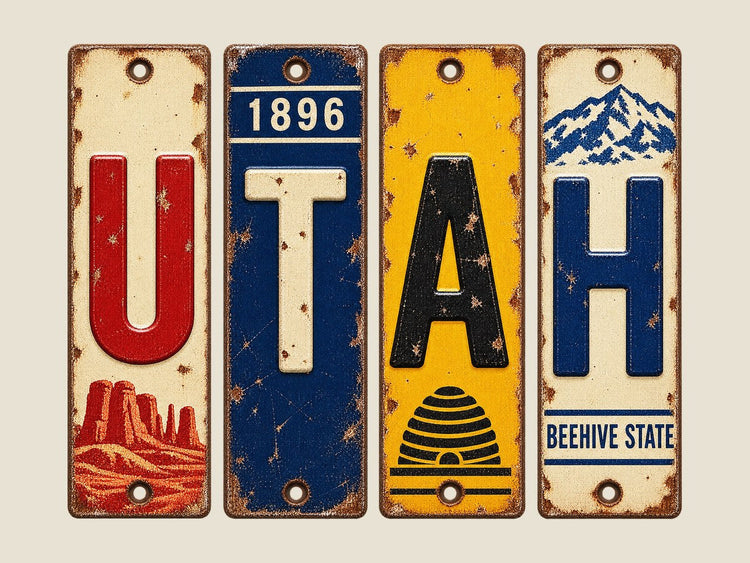 Utah spelled out in vintage license plates