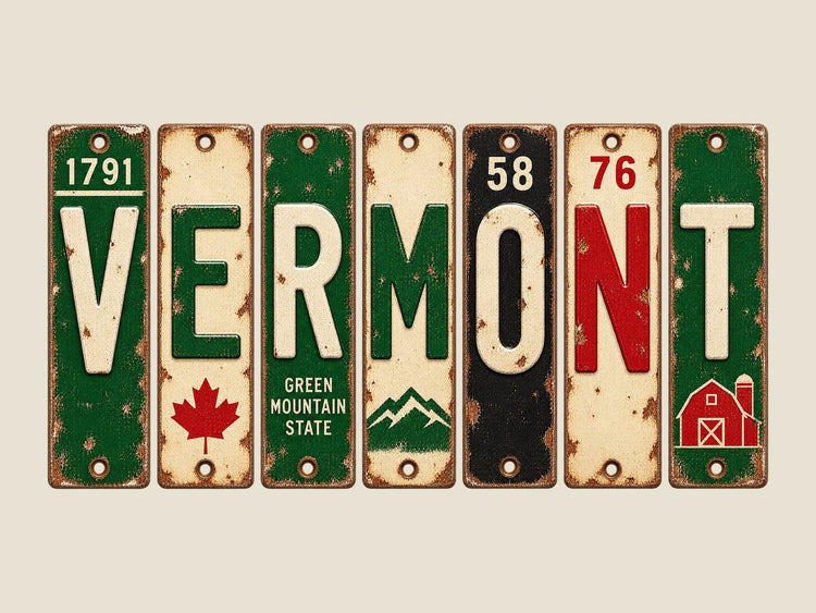 Vermont spelled out in vintage license plates
