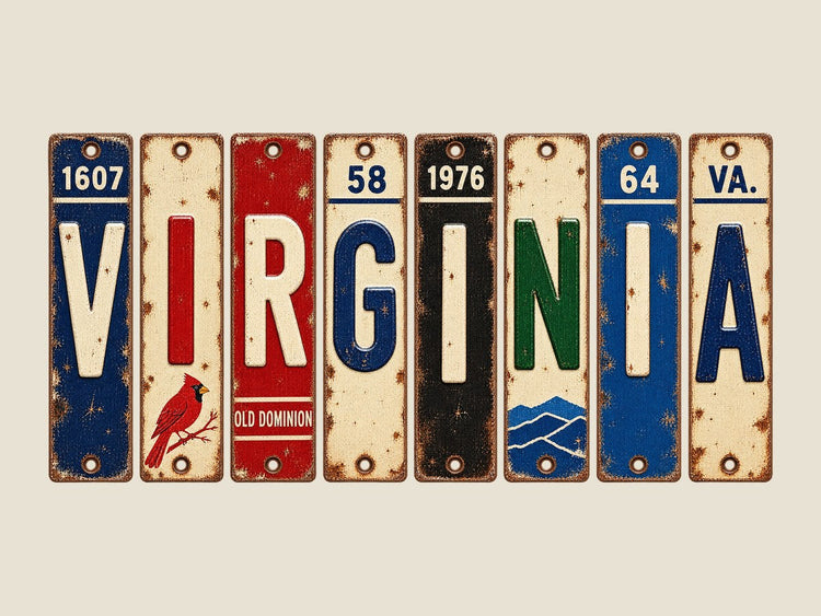 Virginia spelled out in vintage license plates