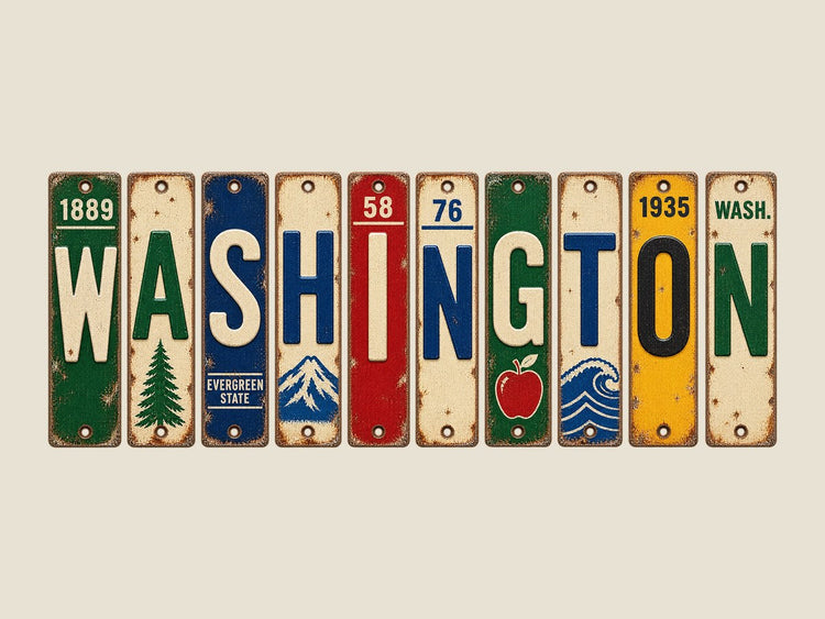 Washington spelled out in vintage license plates