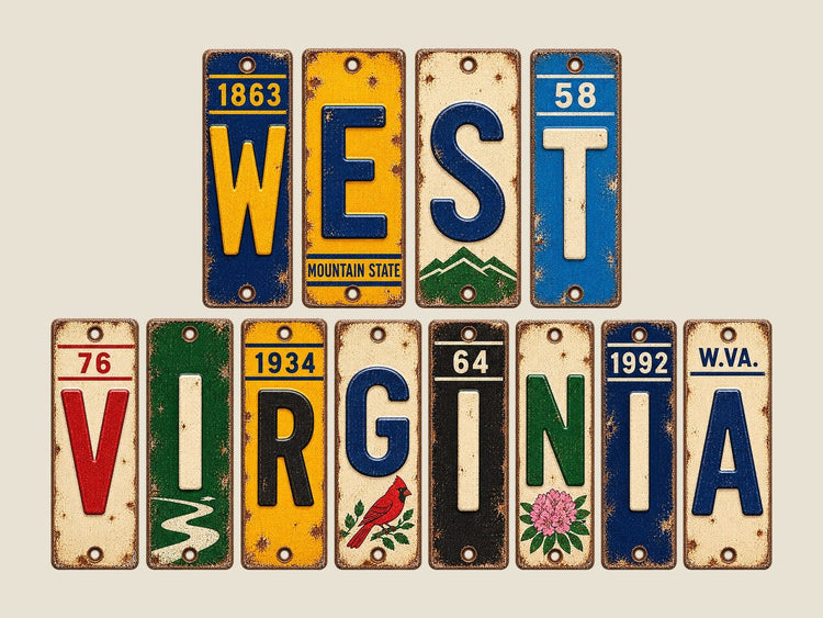 West Virginia spelled out in vintage license plates
