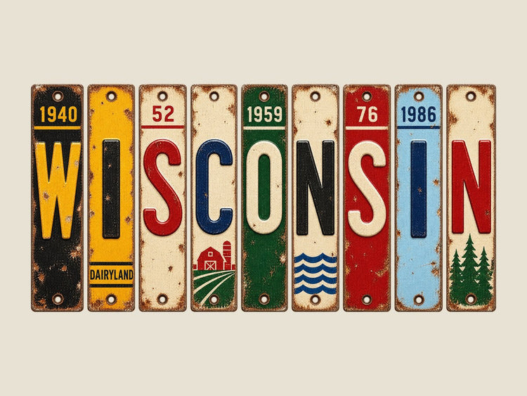 Wisconsin spelled out in vintage license plates