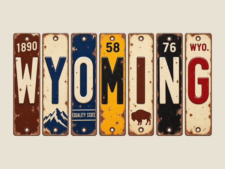 Wyoming spelled out in vintage license plates
