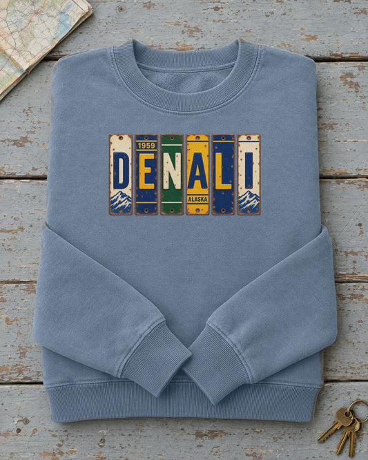 Denali, Alaska vintage license plate sweatshirt in Blue Jean