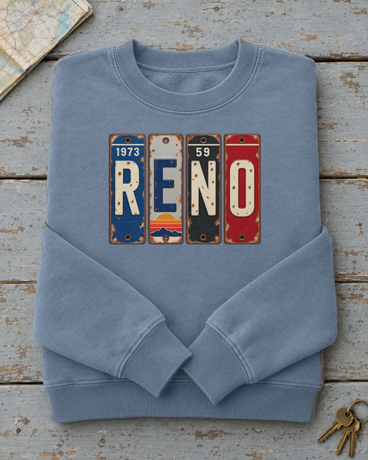 Reno, Nevada vintage license plate sweatshirt in Blue Jean