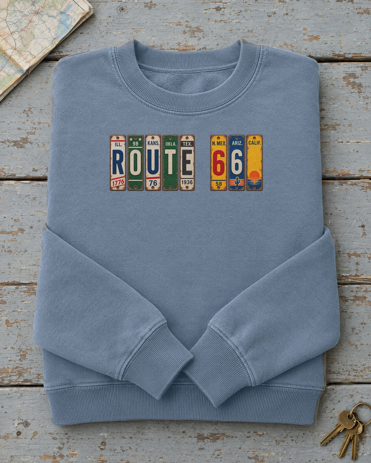 Route 66 vintage license plate sweatshirt in Blue Jean