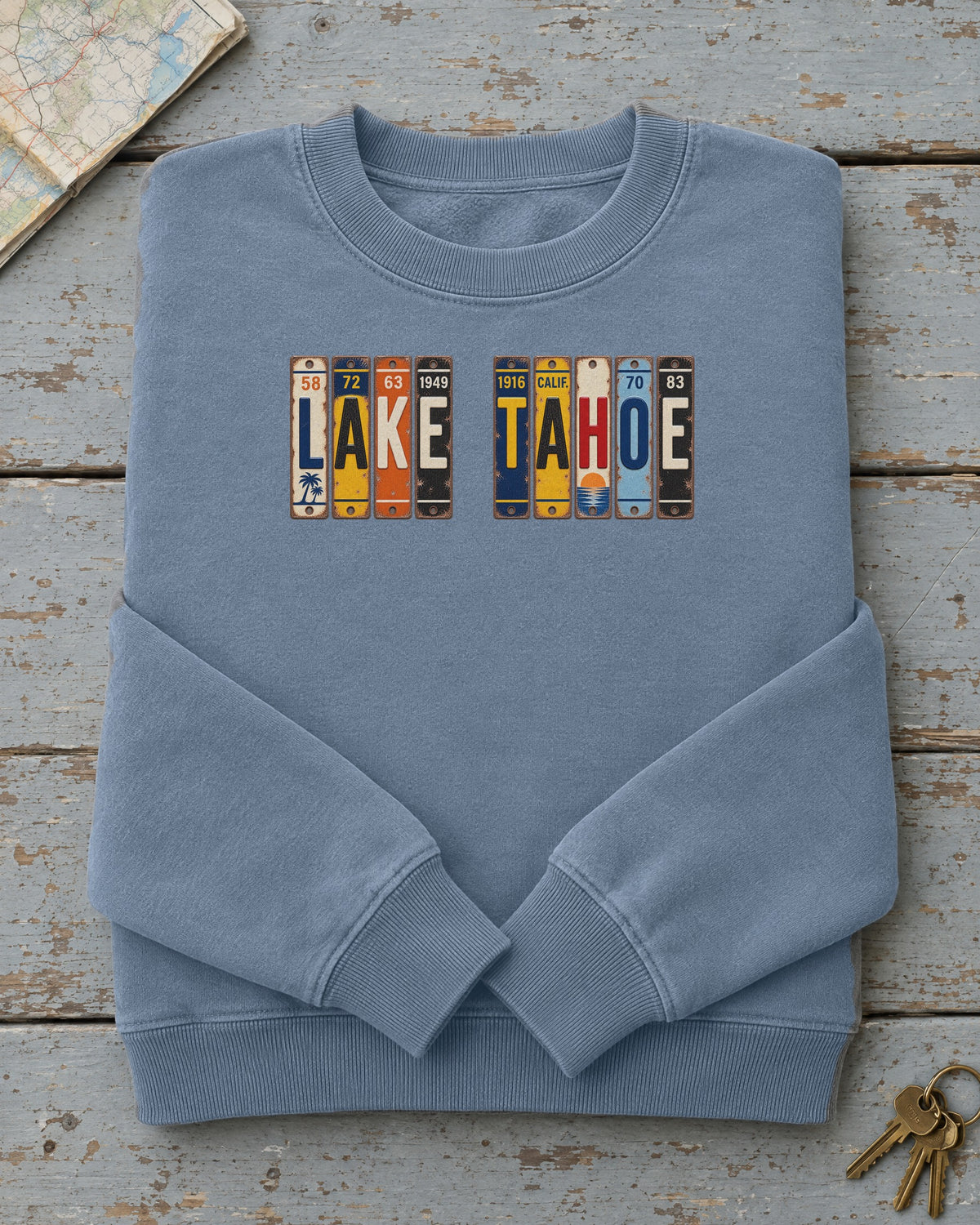 Lake Tahoe, California vintage license plate sweatshirt in Blue Jean