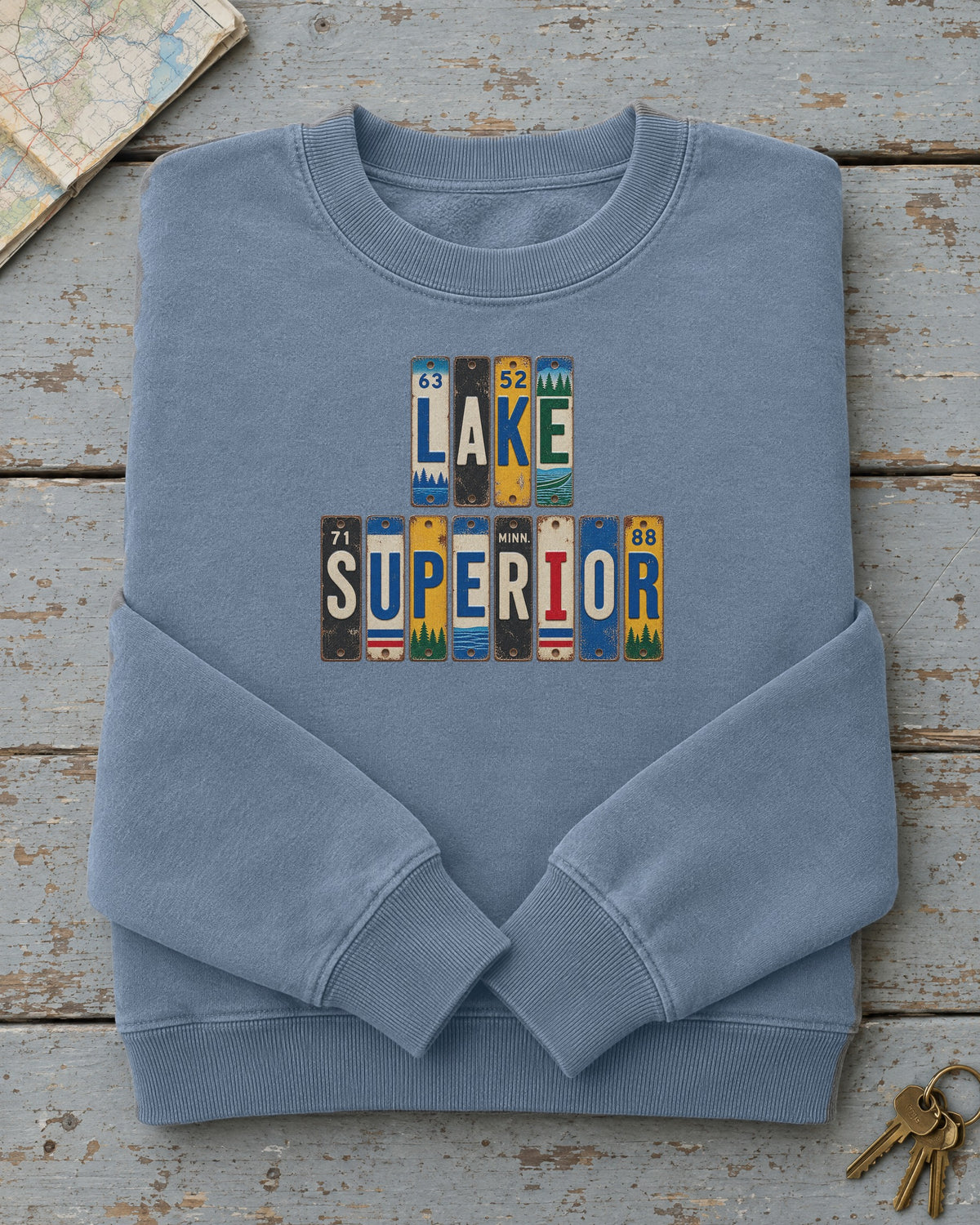 Lake Superior, Minnesota vintage license plate sweatshirt in Blue Jean